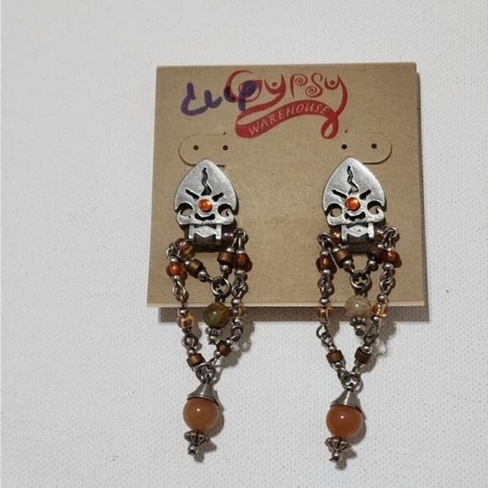Treska Gypsy Boho Beaded Dangle Earrings Silver Tone Brown Orange Pierced